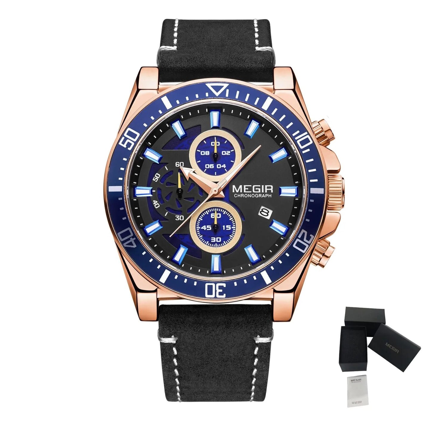 MEGIR Fashion Watches for Men Leather Strap Sport Military Wristwatch Man Quartz Watch Waterproof Chronograph with Calendar 2132 - ElandielStyle