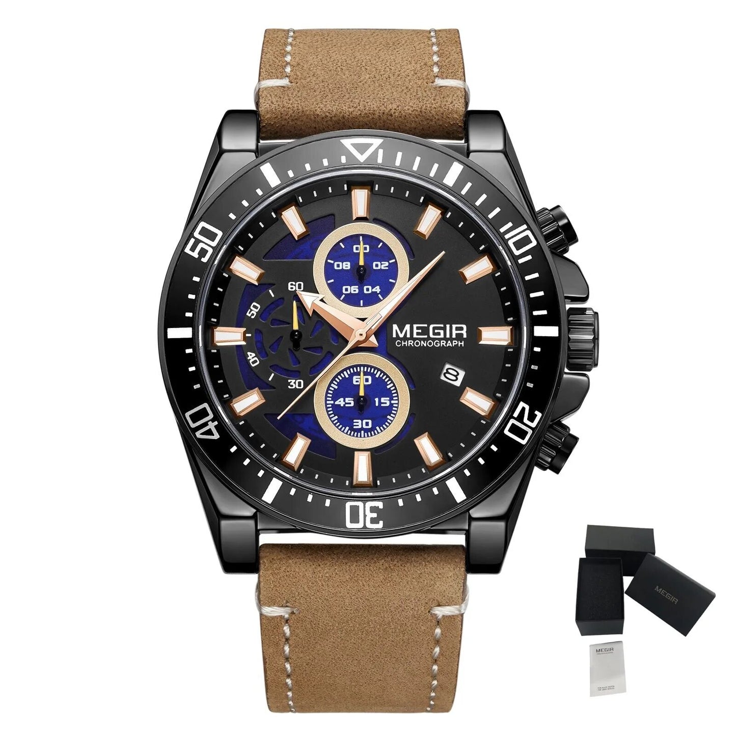 MEGIR Fashion Watches for Men Leather Strap Sport Military Wristwatch Man Quartz Watch Waterproof Chronograph with Calendar 2132 - ElandielStyle