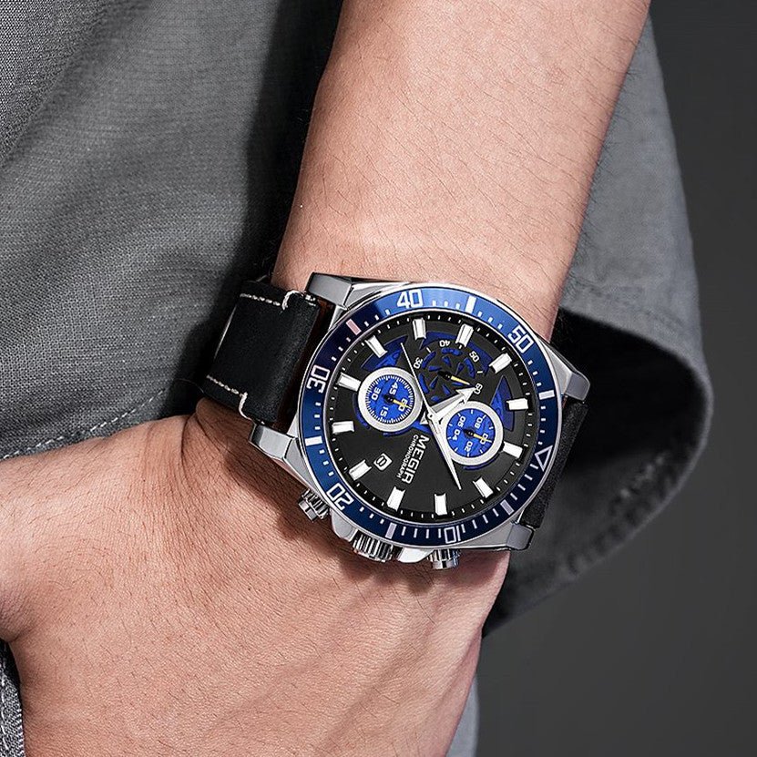 MEGIR Fashion Watches for Men Leather Strap Sport Military Wristwatch Man Quartz Watch Waterproof Chronograph with Calendar 2132 - ElandielStyle