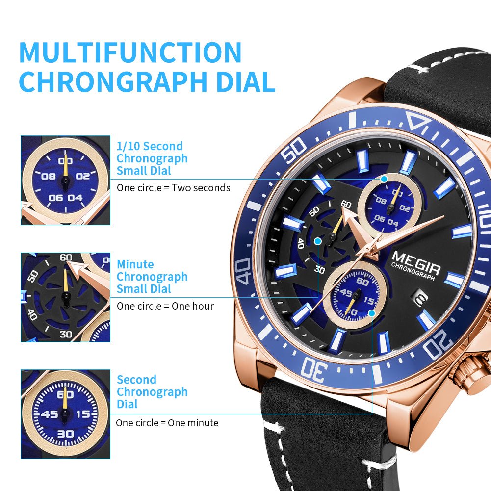MEGIR Fashion Watches for Men Leather Strap Sport Military Wristwatch Man Quartz Watch Waterproof Chronograph with Calendar 2132 - ElandielStyle