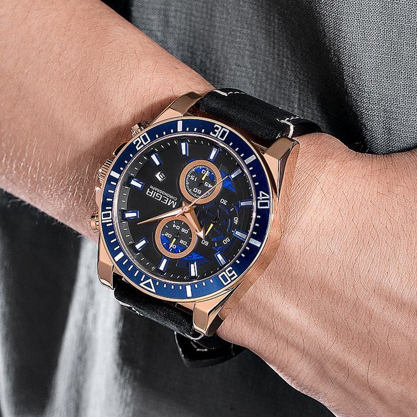 MEGIR Fashion Watches for Men Leather Strap Sport Military Wristwatch Man Quartz Watch Waterproof Chronograph with Calendar 2132 - ElandielStyle