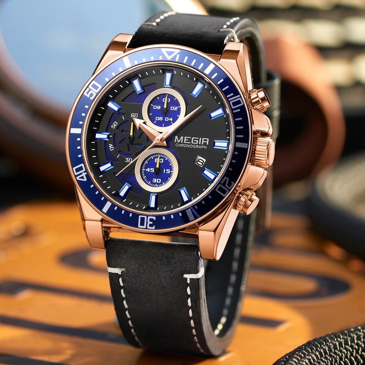 MEGIR Fashion Watches for Men Leather Strap Sport Military Wristwatch Man Quartz Watch Waterproof Chronograph with Calendar 2132 - ElandielStyle
