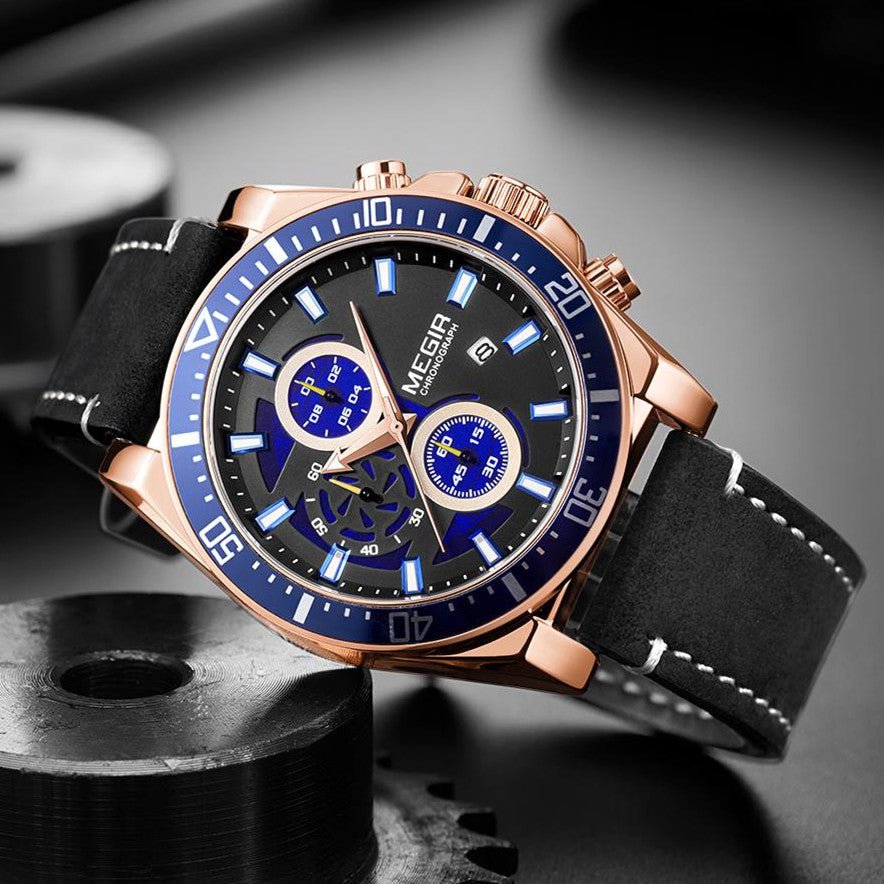 MEGIR Fashion Watches for Men Leather Strap Sport Military Wristwatch Man Quartz Watch Waterproof Chronograph with Calendar 2132 - ElandielStyle
