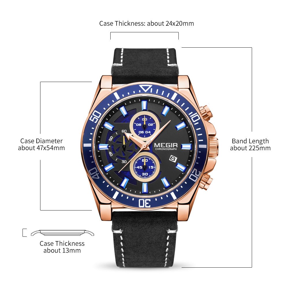 MEGIR Fashion Watches for Men Leather Strap Sport Military Wristwatch Man Quartz Watch Waterproof Chronograph with Calendar 2132 - ElandielStyle