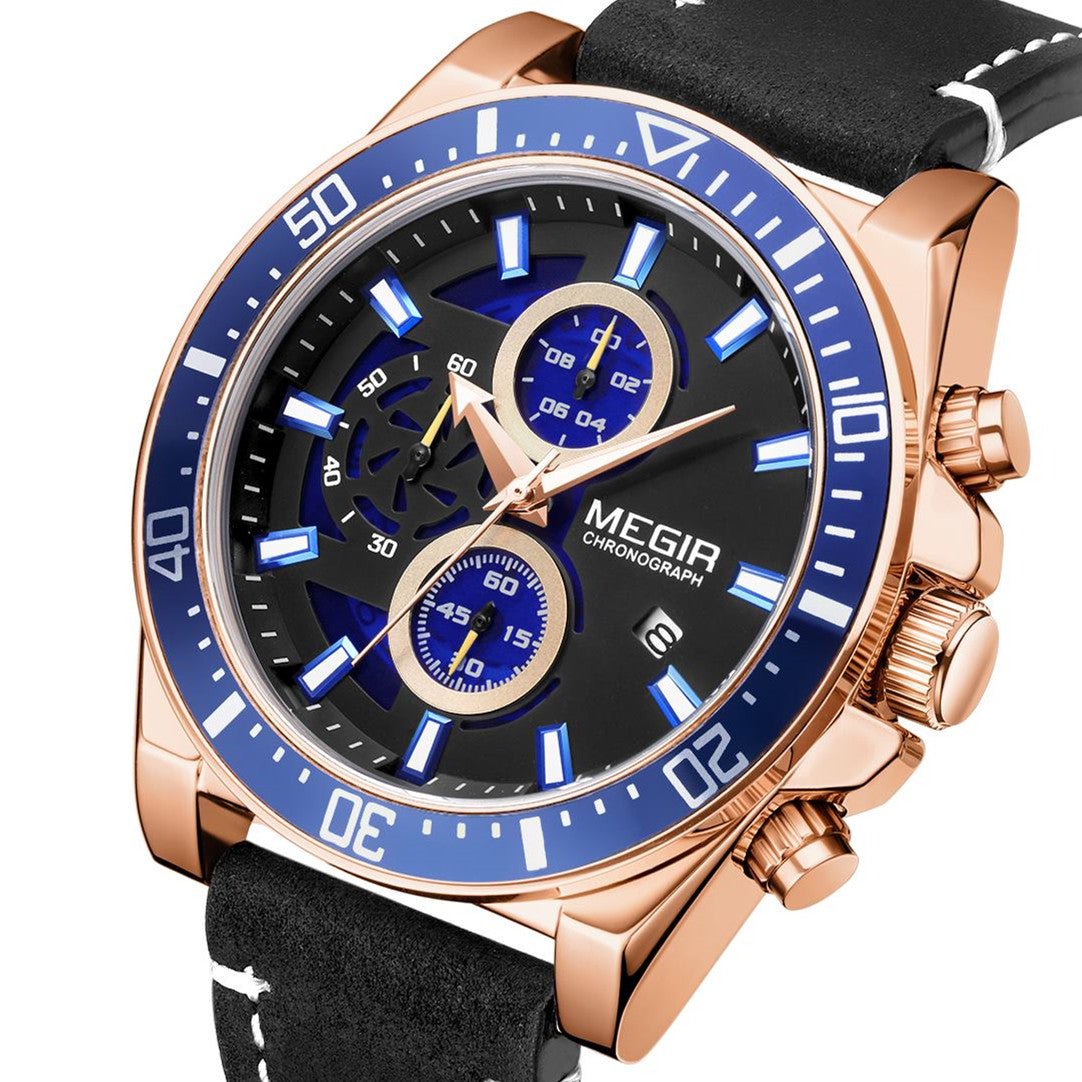 MEGIR Fashion Watches for Men Leather Strap Sport Military Wristwatch Man Quartz Watch Waterproof Chronograph with Calendar 2132 - ElandielStyle