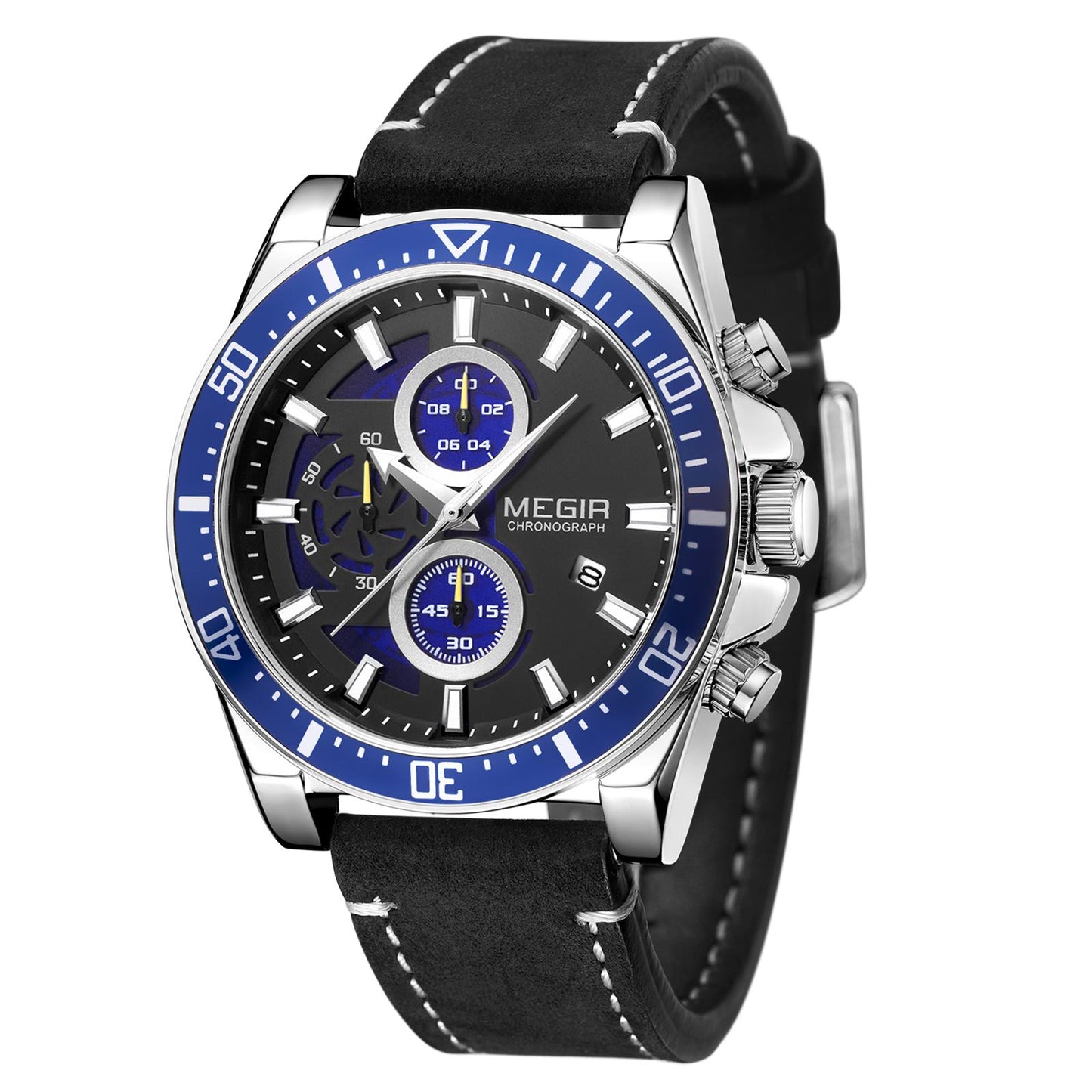 MEGIR Fashion Watches for Men Leather Strap Sport Military Wristwatch Man Quartz Watch Waterproof Chronograph with Calendar 2132 - ElandielStyle