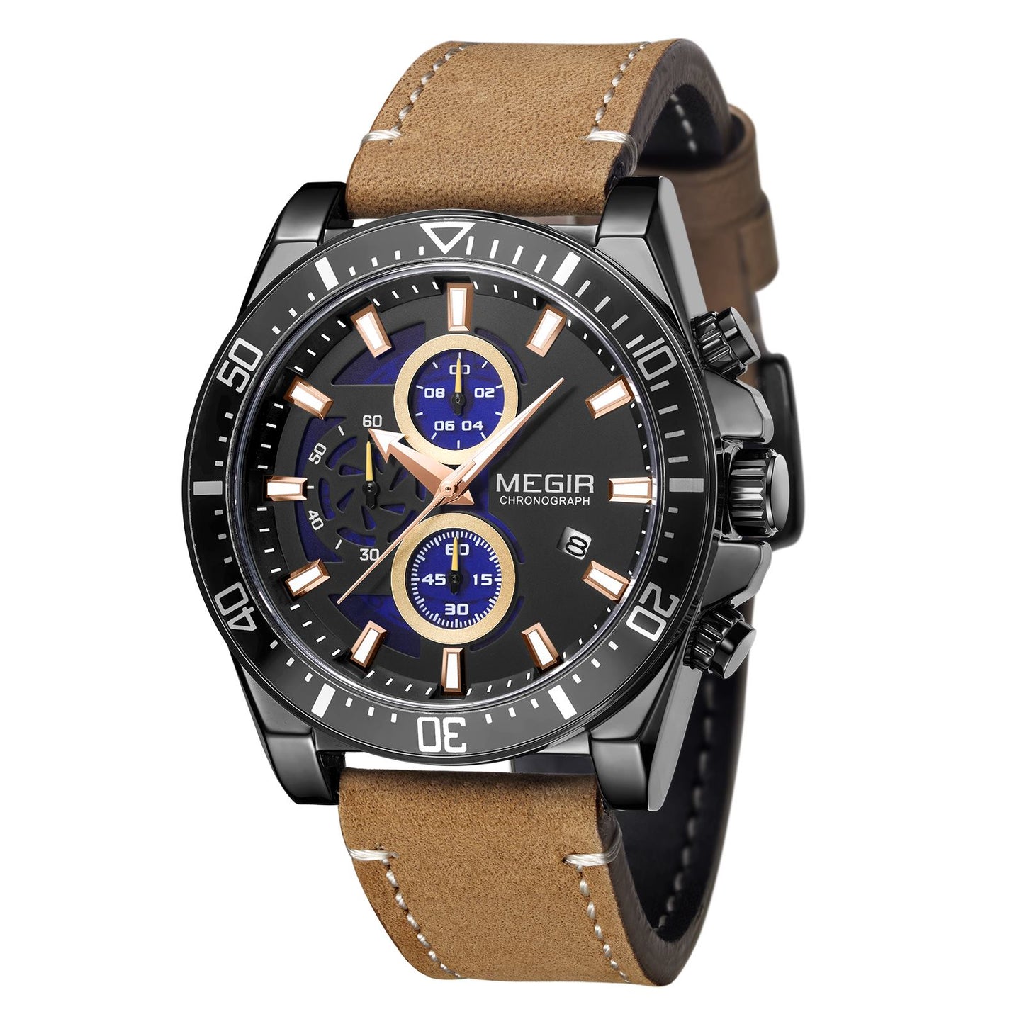 MEGIR Fashion Watches for Men Leather Strap Sport Military Wristwatch Man Quartz Watch Waterproof Chronograph with Calendar 2132 - ElandielStyle