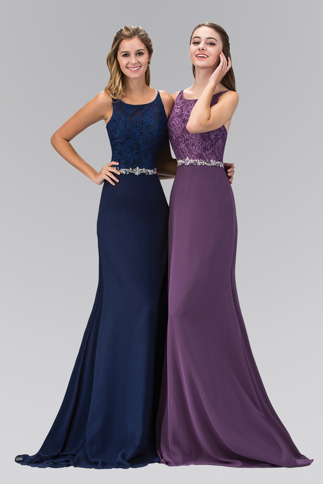 Chiffon Floor Length Dress Accented with Jewel Waistband - ElandielStyle