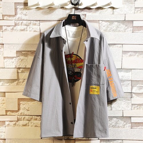 White Oversized Cotton Military Mens Blouses Fashion Summer Casual Shirts Top Men Loose Short Sleeve Japanese Male Blouse - ElandielStyle
