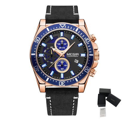 MEGIR Fashion Watches for Men Leather Strap Sport Military Wristwatch Man Quartz Watch Waterproof Chronograph with Calendar 2132 - ElandielStyle