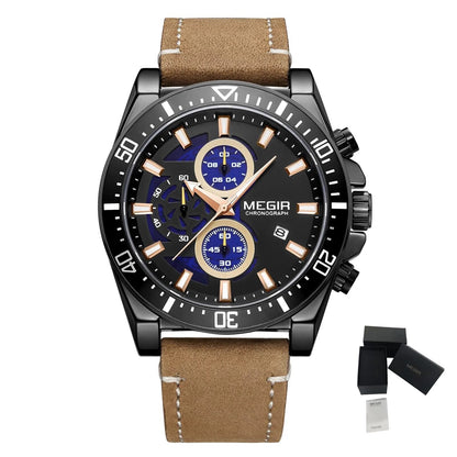 MEGIR Fashion Watches for Men Leather Strap Sport Military Wristwatch Man Quartz Watch Waterproof Chronograph with Calendar 2132 - ElandielStyle