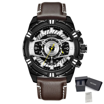 MEGIR Luxury Casual Watches for Men Fashion Leather Sports Military Wristwatch Calendar Luminous Quartz Man Clock Montre Homme - ElandielStyle