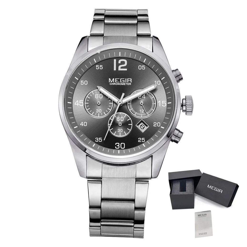 MEGIR Fashion Men Watches Luxury Stainless Steel Business Wristwatch Waterproof Date Quartz Man Clock Relogio Masculino - ElandielStyle