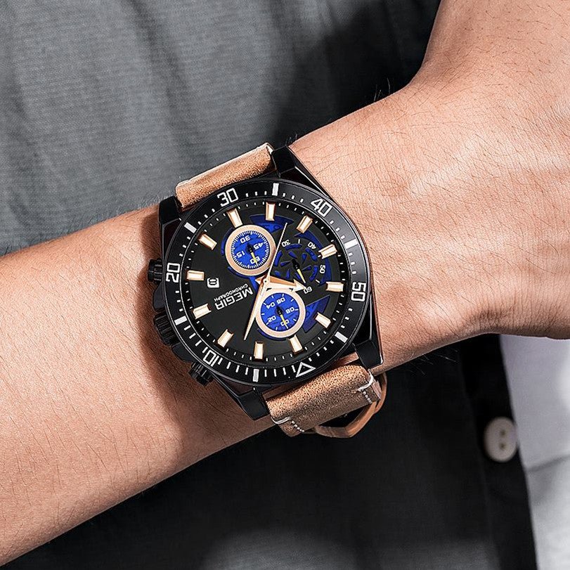 MEGIR Fashion Watches for Men Leather Strap Sport Military Wristwatch Man Quartz Watch Waterproof Chronograph with Calendar 2132 - ElandielStyle
