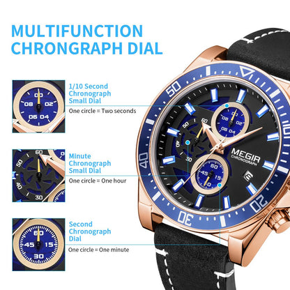 MEGIR Fashion Watches for Men Leather Strap Sport Military Wristwatch Man Quartz Watch Waterproof Chronograph with Calendar 2132 - ElandielStyle