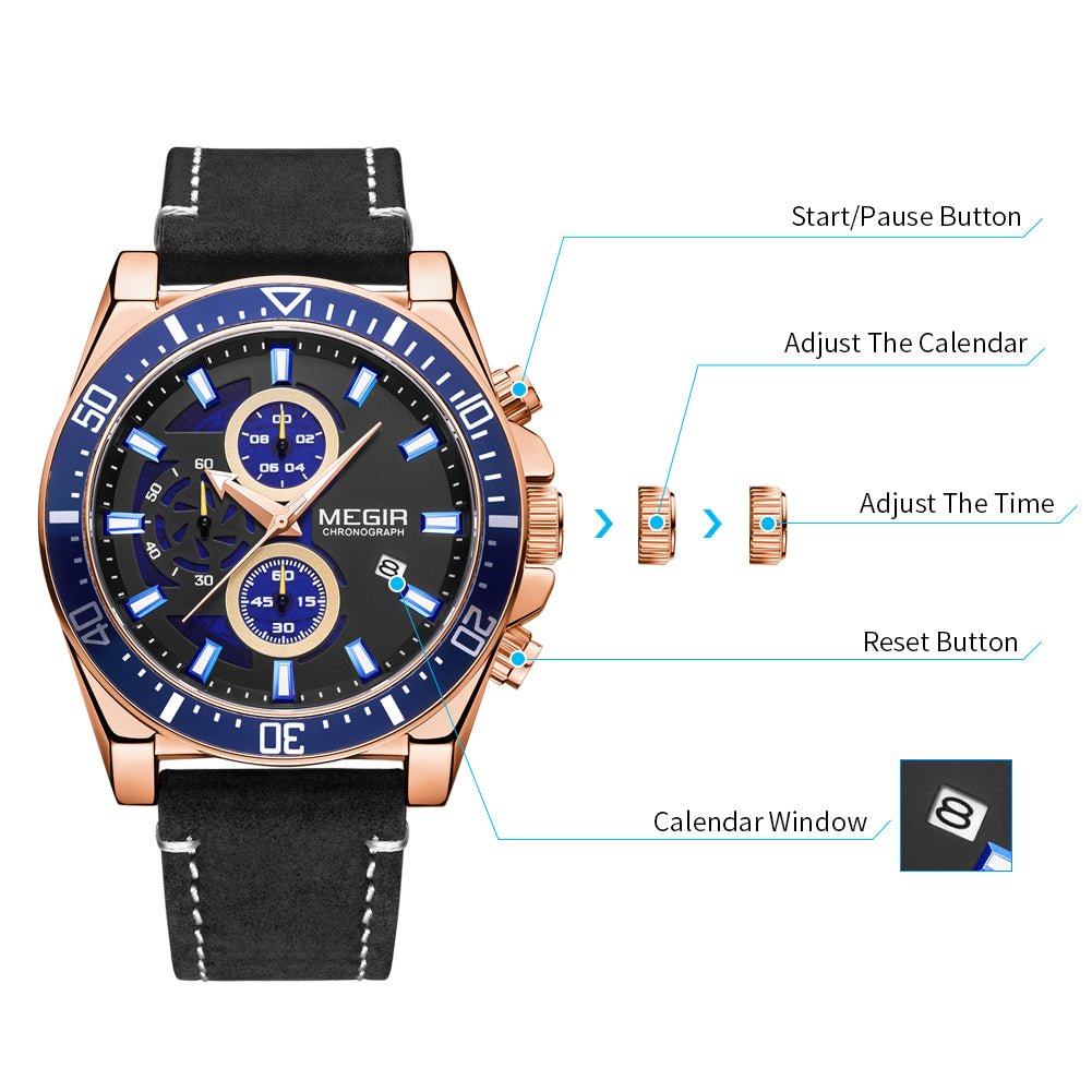 MEGIR Fashion Watches for Men Leather Strap Sport Military Wristwatch Man Quartz Watch Waterproof Chronograph with Calendar 2132 - ElandielStyle