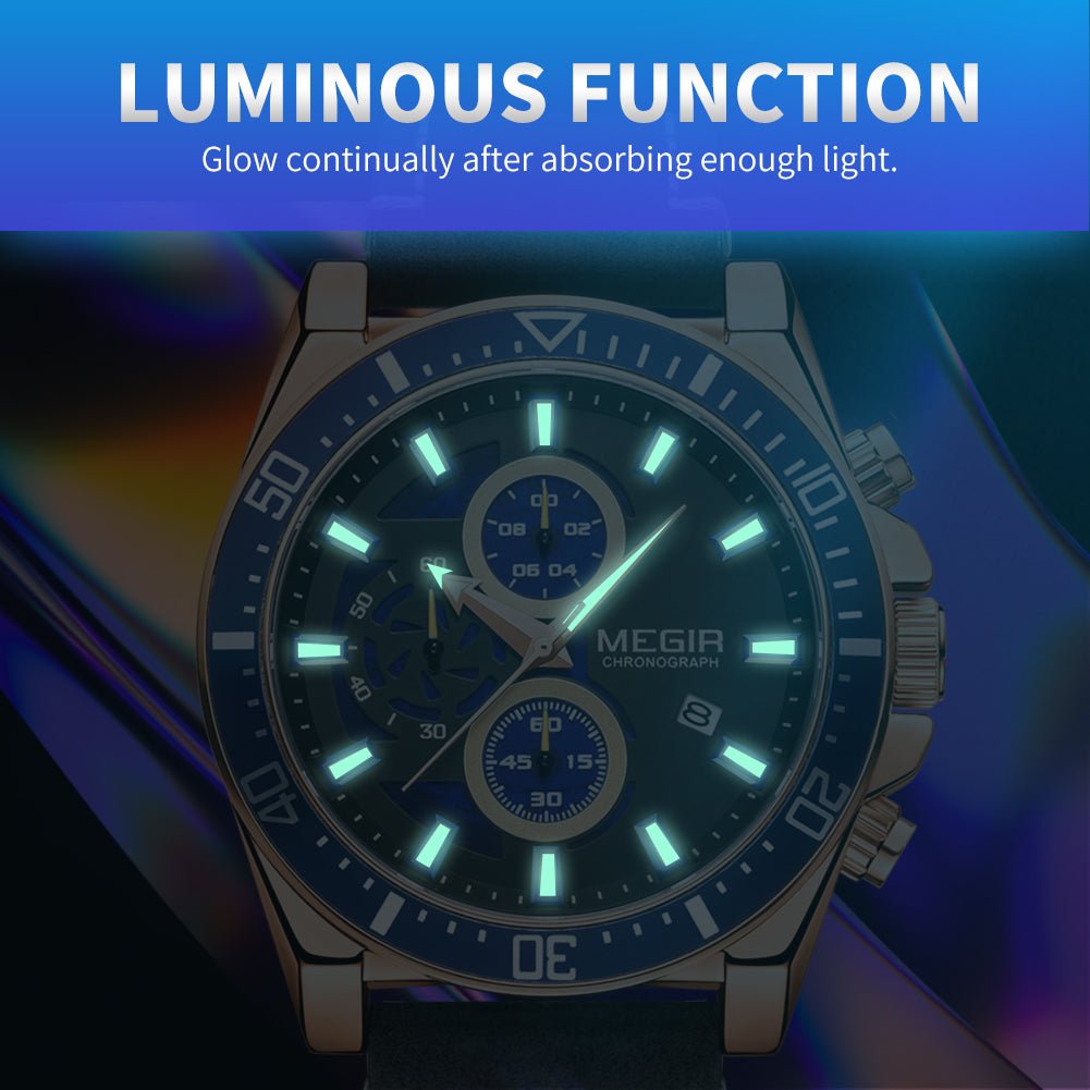 MEGIR Fashion Watches for Men Leather Strap Sport Military Wristwatch Man Quartz Watch Waterproof Chronograph with Calendar 2132 - ElandielStyle