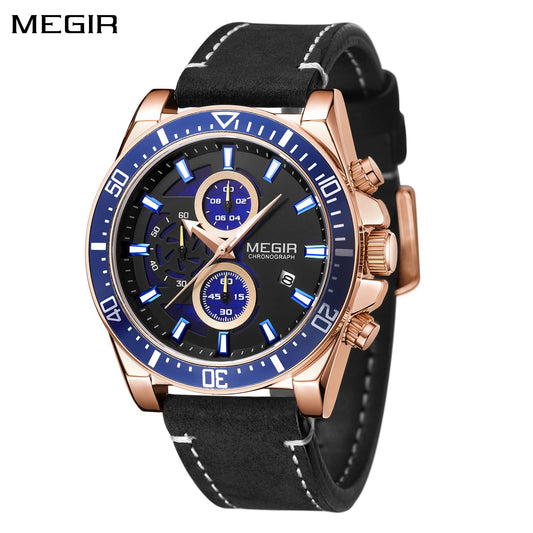 MEGIR Fashion Watches for Men Leather Strap Sport Military Wristwatch Man Quartz Watch Waterproof Chronograph with Calendar 2132 - ElandielStyle