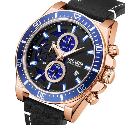MEGIR Fashion Watches for Men Leather Strap Sport Military Wristwatch Man Quartz Watch Waterproof Chronograph with Calendar 2132 - ElandielStyle
