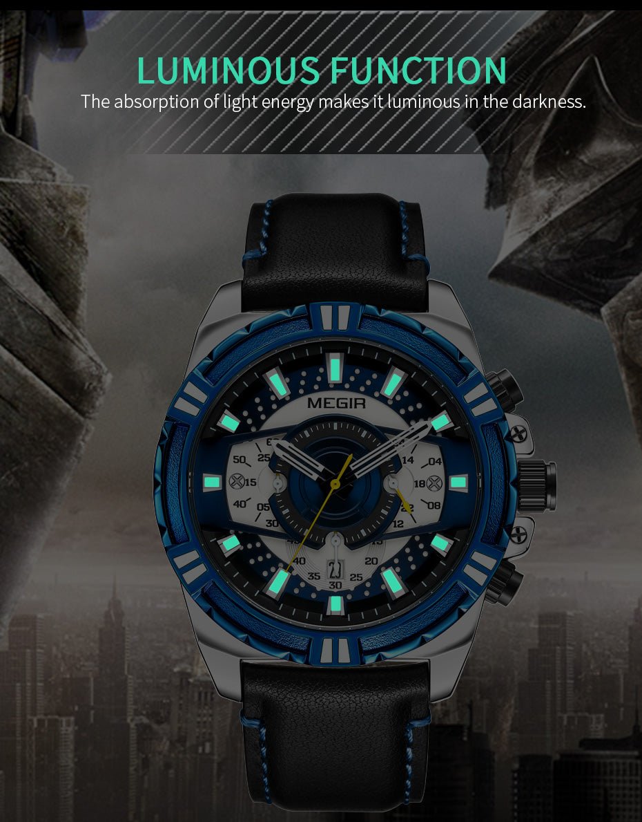 MEGIR Luxury Casual Watches for Men Fashion Leather Sports Military Wristwatch Calendar Luminous Quartz Man Clock Montre Homme - ElandielStyle