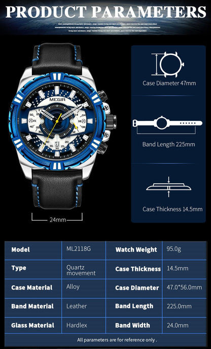 MEGIR Luxury Casual Watches for Men Fashion Leather Sports Military Wristwatch Calendar Luminous Quartz Man Clock Montre Homme - ElandielStyle