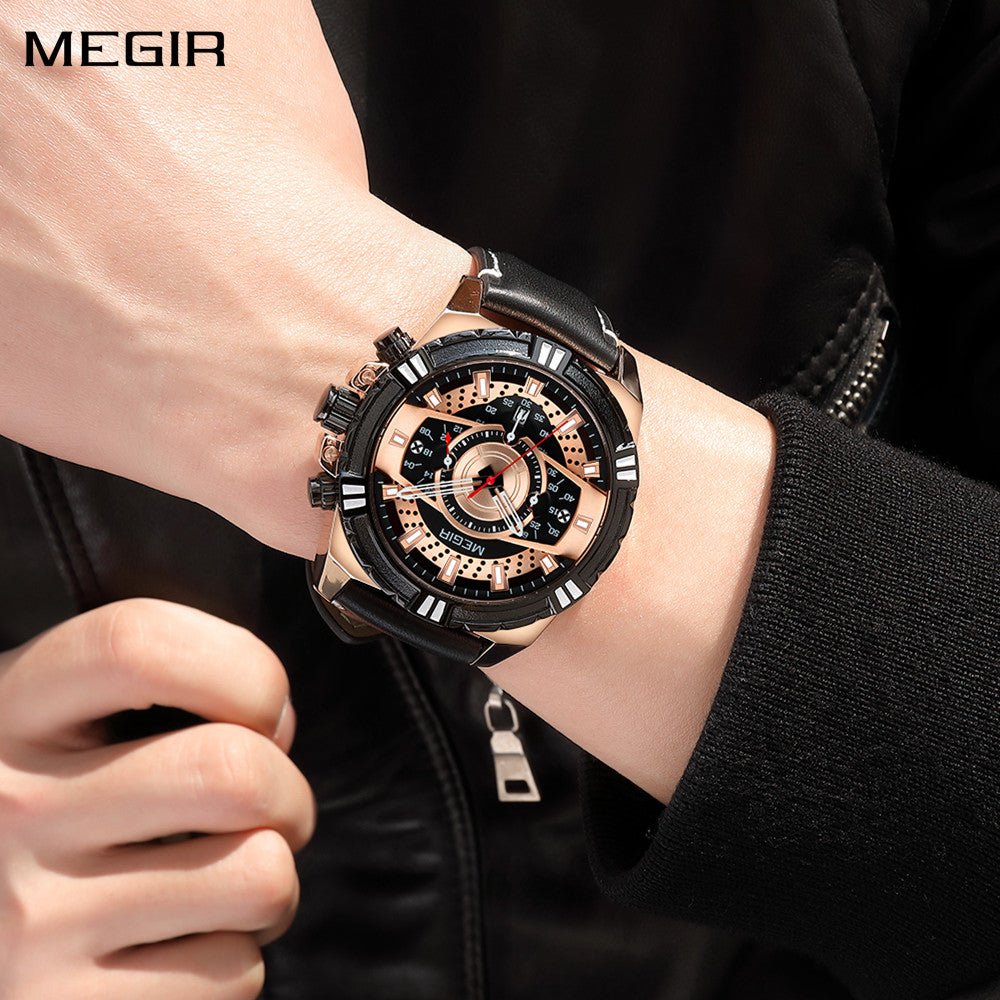 MEGIR Luxury Casual Watches for Men Fashion Leather Sports Military Wristwatch Calendar Luminous Quartz Man Clock Montre Homme - ElandielStyle