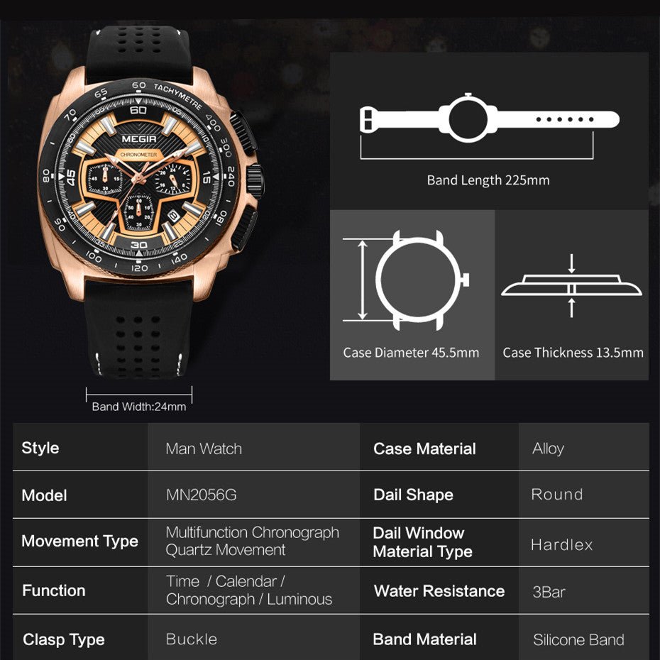 MEGIR Chronograph Men Sport Watch Fashion Silicone Army Military Watches Relogio Masculino Quartz Wrist Watch Clock Men 2056 - ElandielStyle