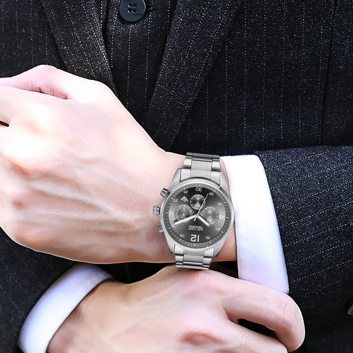 MEGIR Fashion Men Watches Luxury Stainless Steel Business Wristwatch Waterproof Date Quartz Man Clock Relogio Masculino - ElandielStyle