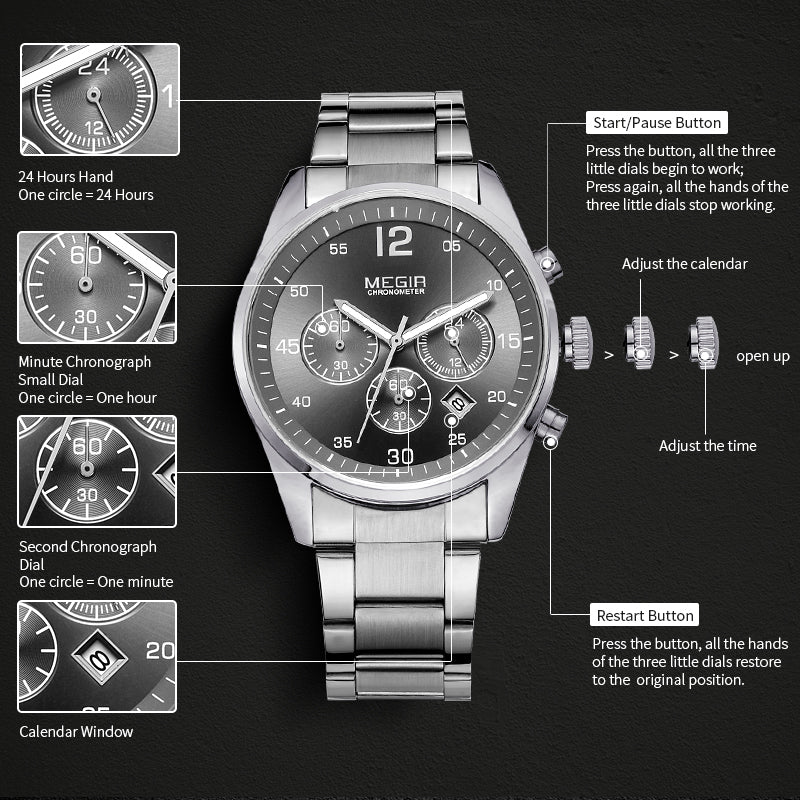 MEGIR Fashion Men Watches Luxury Stainless Steel Business Wristwatch Waterproof Date Quartz Man Clock Relogio Masculino - ElandielStyle