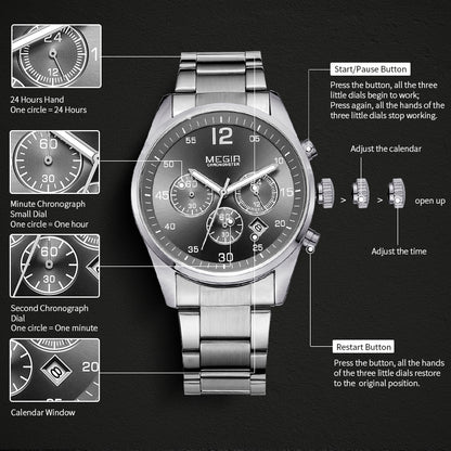 MEGIR Fashion Men Watches Luxury Stainless Steel Business Wristwatch Waterproof Date Quartz Man Clock Relogio Masculino - ElandielStyle