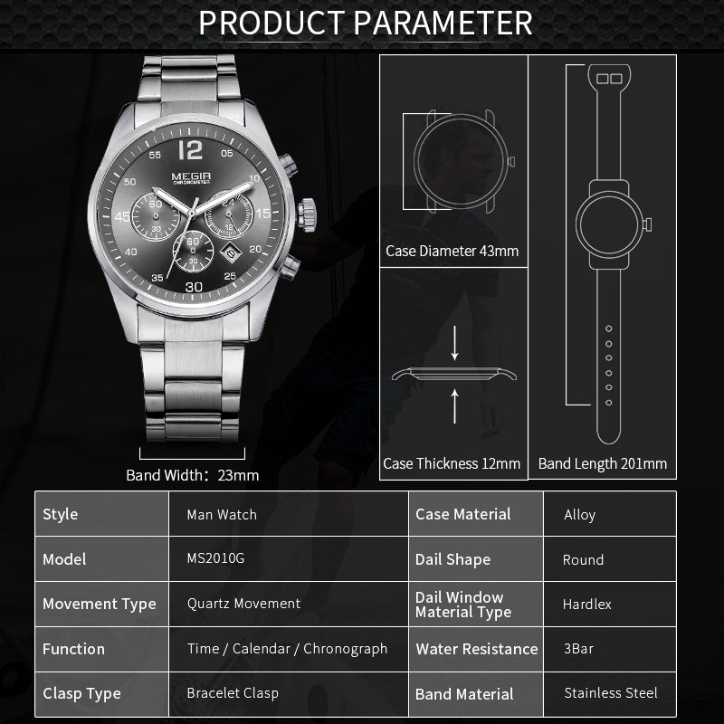 MEGIR Fashion Men Watches Luxury Stainless Steel Business Wristwatch Waterproof Date Quartz Man Clock Relogio Masculino - ElandielStyle