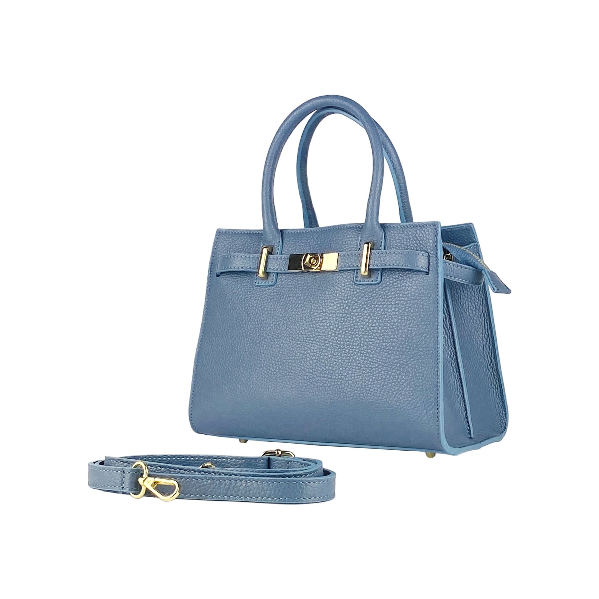 RB1016P | Women's Genuine Leather Handbag Made in Italy with Removable Shoulder Strap. Attachments with Shiny Gold Metal Snap Hooks - Color: Air Force Blue - Dimensions: 28 x 20 x 14 + 12.5 cm - ElandielStyle