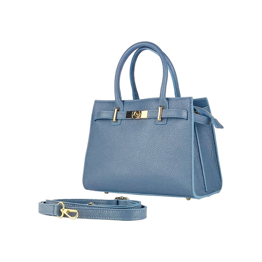RB1016P | Women's Genuine Leather Handbag Made in Italy with Removable Shoulder Strap. Attachments with Shiny Gold Metal Snap Hooks - Color: Air Force Blue - Dimensions: 28 x 20 x 14 + 12.5 cm - ElandielStyle