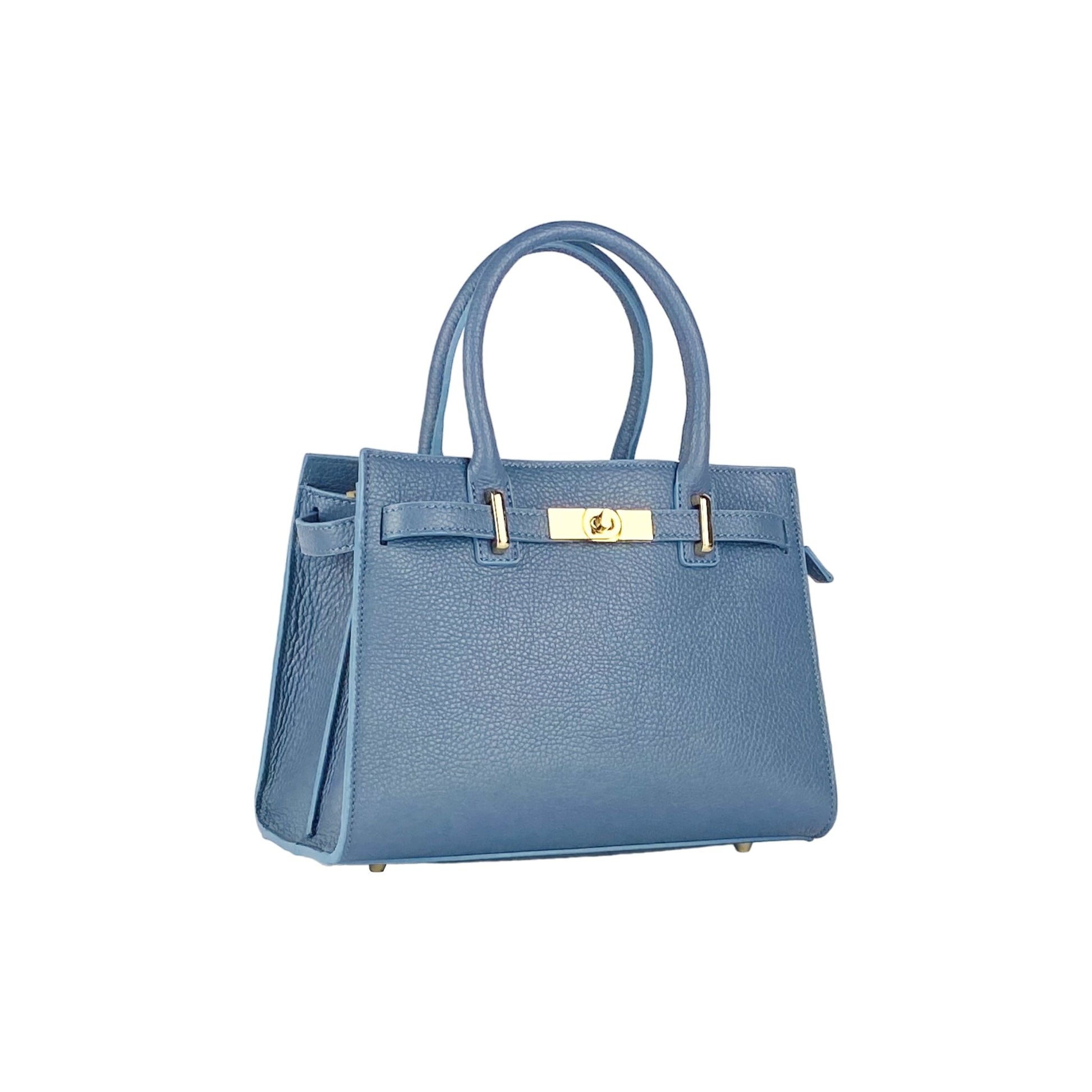 RB1016P | Women's Genuine Leather Handbag Made in Italy with Removable Shoulder Strap. Attachments with Shiny Gold Metal Snap Hooks - Color: Air Force Blue - Dimensions: 28 x 20 x 14 + 12.5 cm - ElandielStyle