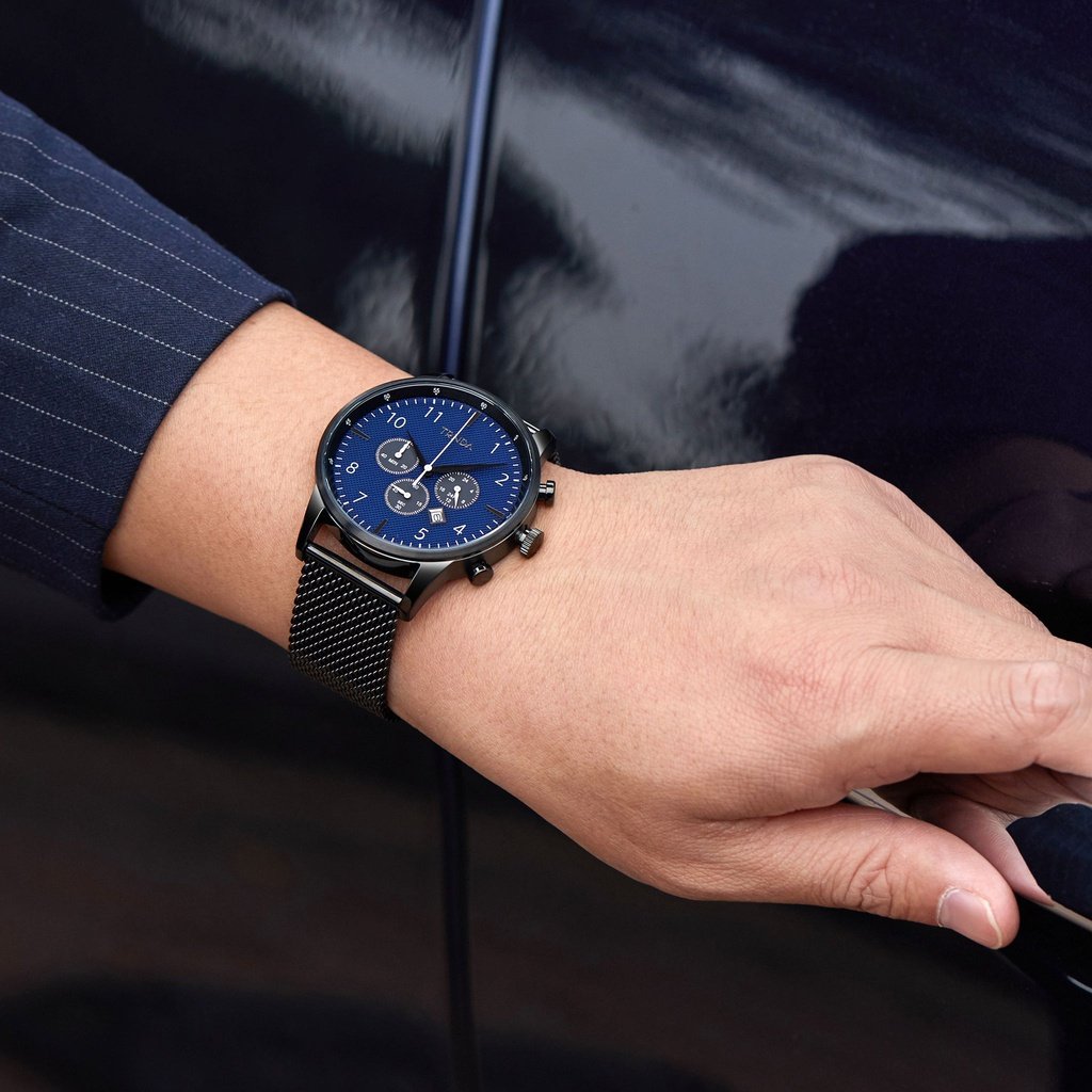 TRNDA Men's Black Stainless Steel Watch, Dark Blue Dial | TR43MBL - ElandielStyle
