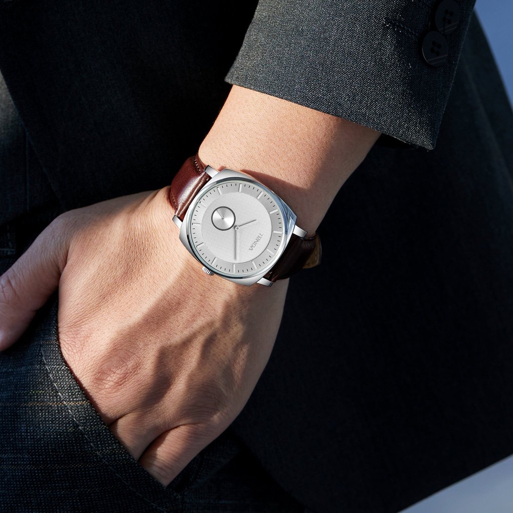 TRNDA Men's Stainless Steel Square Watch, Brown Leather | TRN45S - ElandielStyle