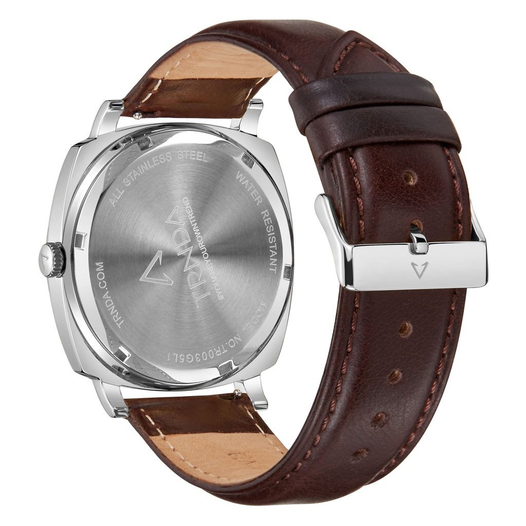 TRNDA Men's Stainless Steel Square Watch, Brown Leather | TRN45S - ElandielStyle