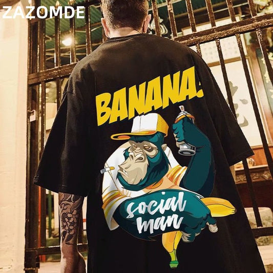 Hip Hop mens cotton T-shirt fashion loose men BF student banana print short - sleeved tees cool man wear Round neck tshirt - ElandielStyle