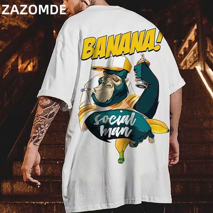 Hip Hop mens cotton T-shirt fashion loose men BF student banana print short - sleeved tees cool man wear Round neck tshirt - ElandielStyle