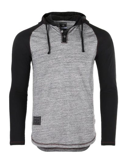 ZIMEGO Long Sleeve Raglan Henley Round Bottom Hood T-Shirts - BLACK / BLACK - ElandielStyle