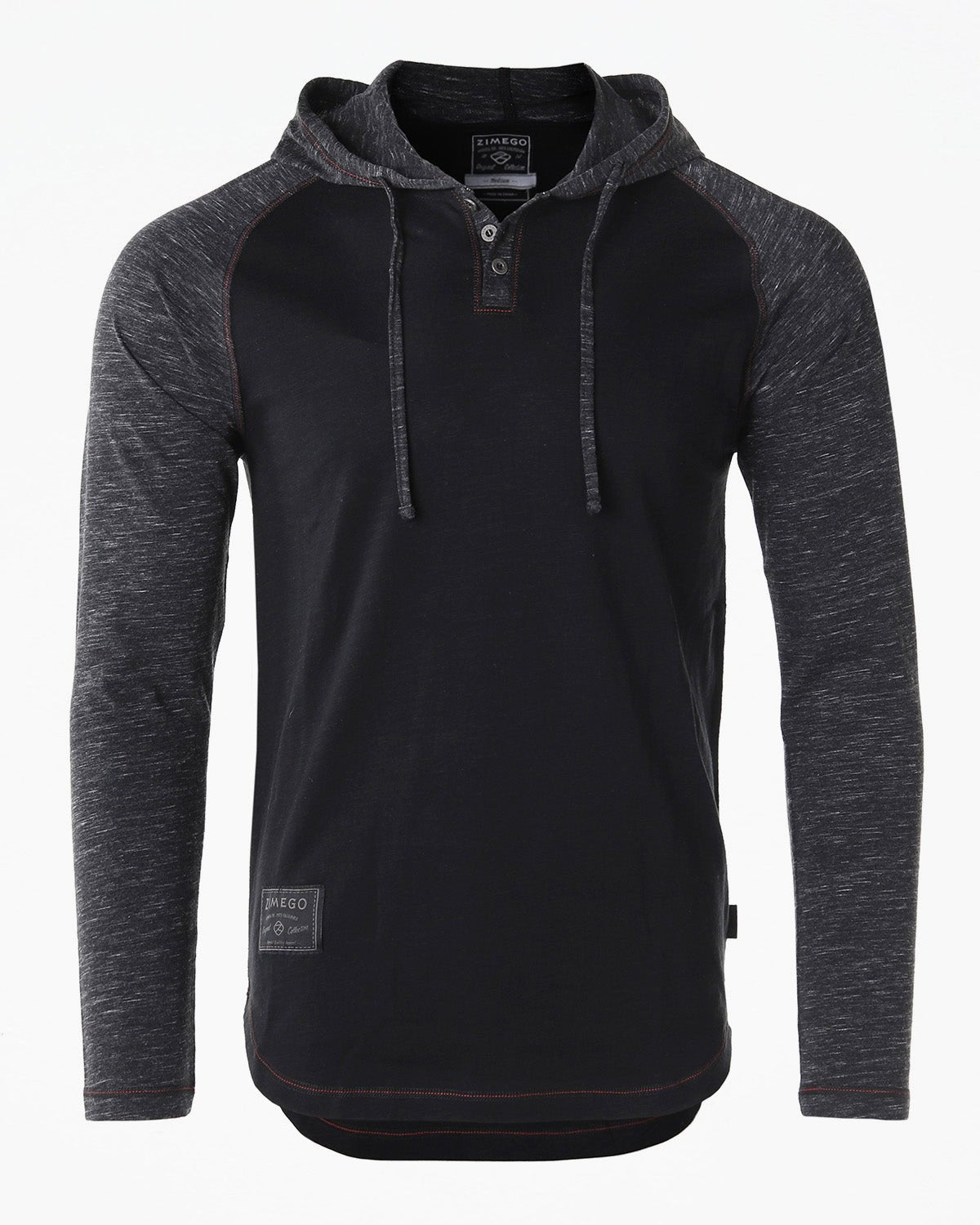 ZIMEGO Long Sleeve Raglan Henley Round Bottom Hood T-Shirts - BLACK / BLACK - ElandielStyle
