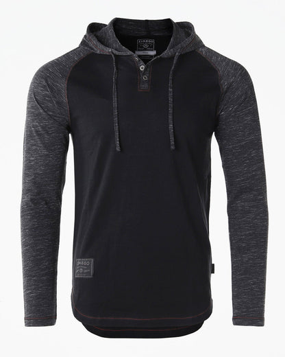 ZIMEGO Long Sleeve Raglan Henley Round Bottom Hood T-Shirts - BLACK / BLACK - ElandielStyle