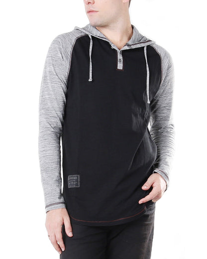 ZIMEGO Long Sleeve Raglan Henley Round Bottom Hood T-Shirts - BLACK / BLACK - ElandielStyle