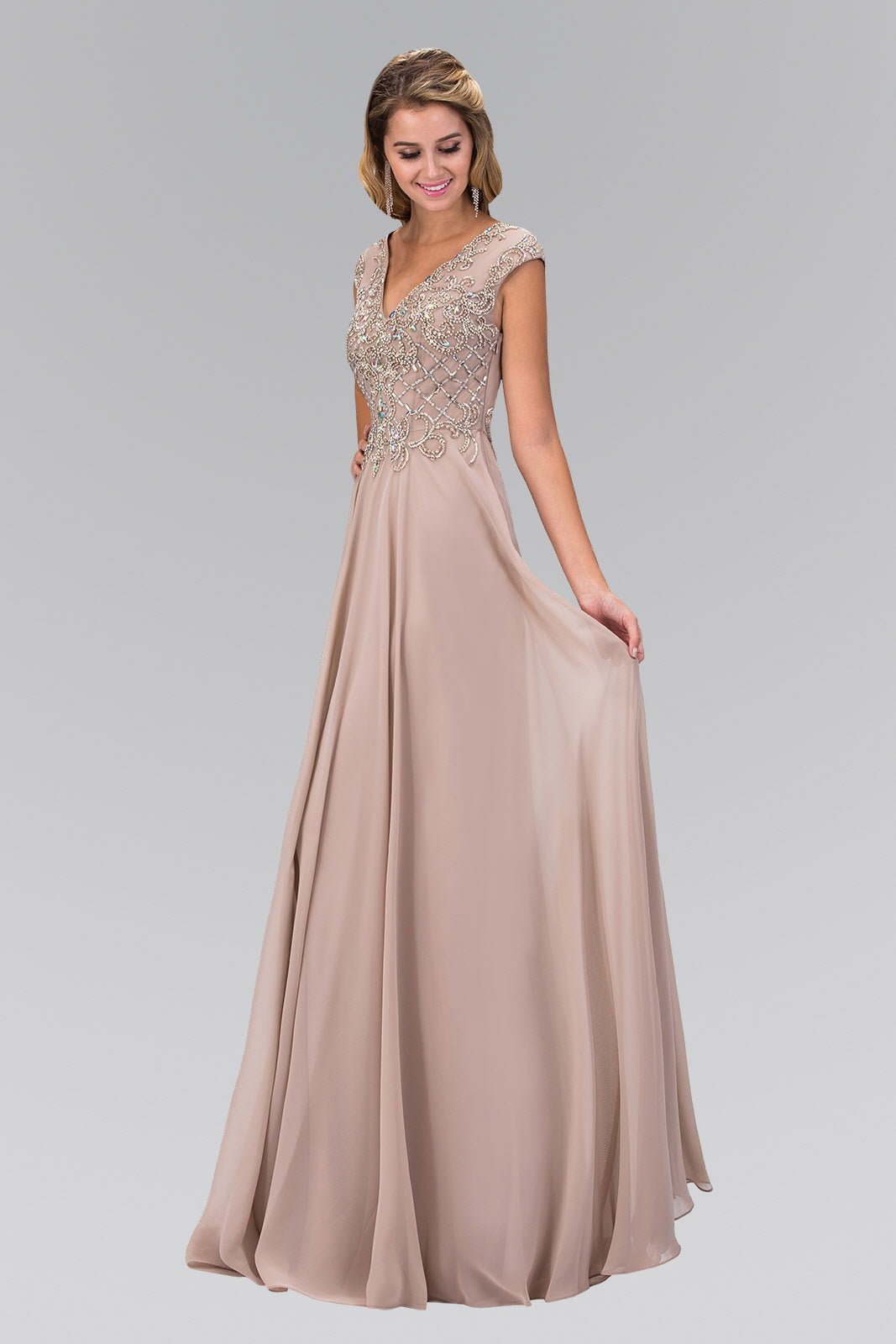 V - Neck Chiffon Floor Length Dress with Jewel Embellished Bodice - ElandielStyle