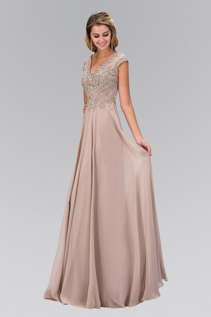 V - Neck Chiffon Floor Length Dress with Jewel Embellished Bodice - ElandielStyle