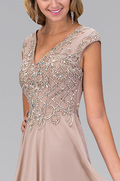 V - Neck Chiffon Floor Length Dress with Jewel Embellished Bodice - ElandielStyle