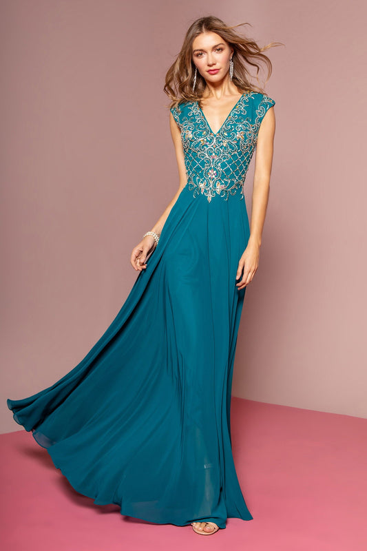 V - Neck Chiffon Floor Length Dress with Jewel Embellished Bodice - ElandielStyle
