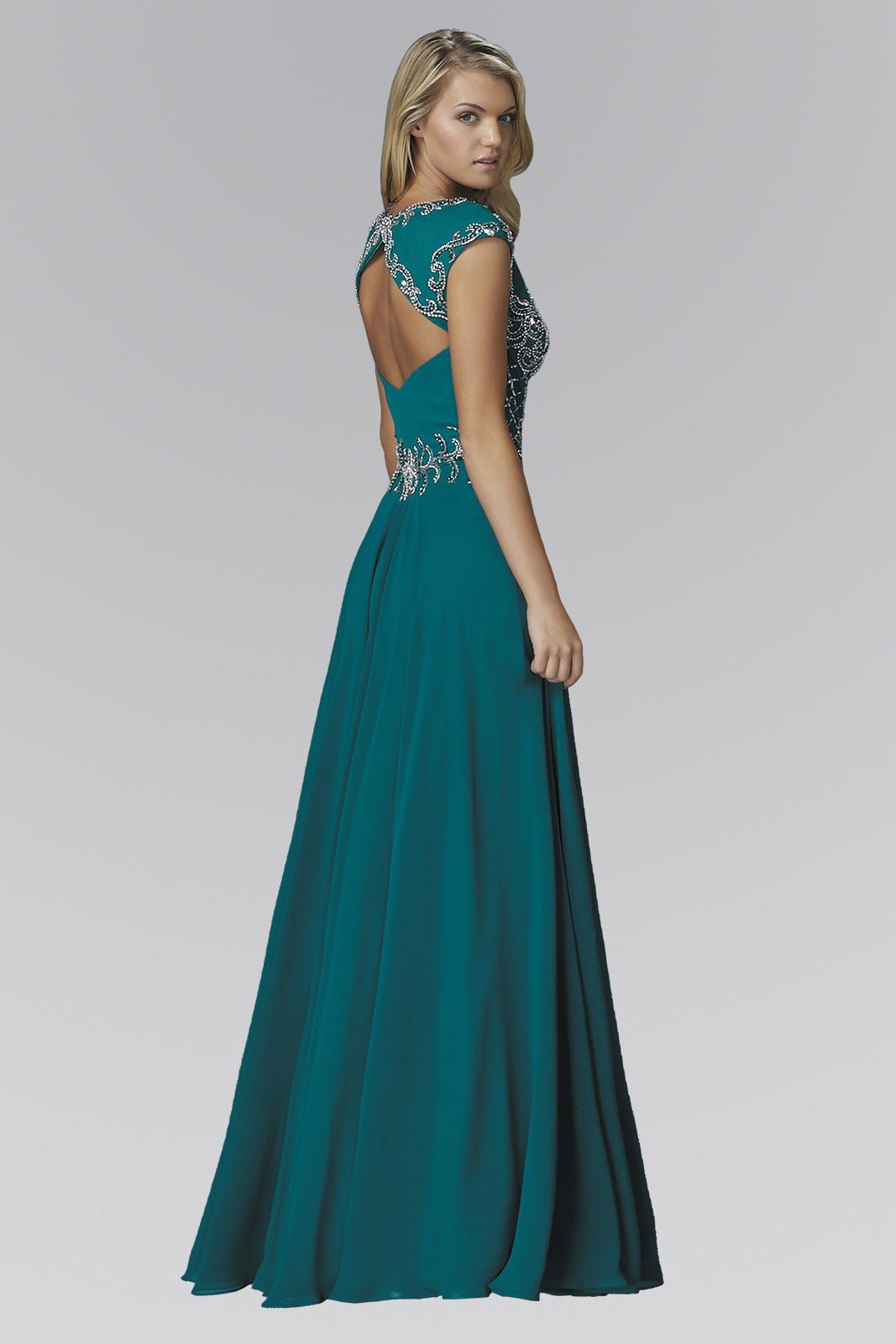 V - Neck Chiffon Floor Length Dress with Jewel Embellished Bodice - ElandielStyle