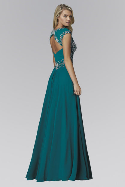 V - Neck Chiffon Floor Length Dress with Jewel Embellished Bodice - ElandielStyle