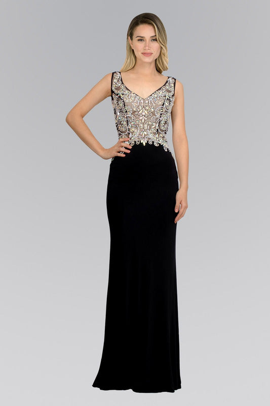 Jewel Embellished Sheer Bodice Jersey Long Dress - ElandielStyle